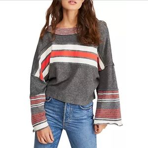 💎Sold💎Free People Oversize Cropped Sweater Gray Cream Peach Stripe Sz XS NWT